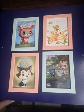 Pink and Mint Framed Wall Art Set - Disney Dinna, Figaro And Cleo, Alice & Orang